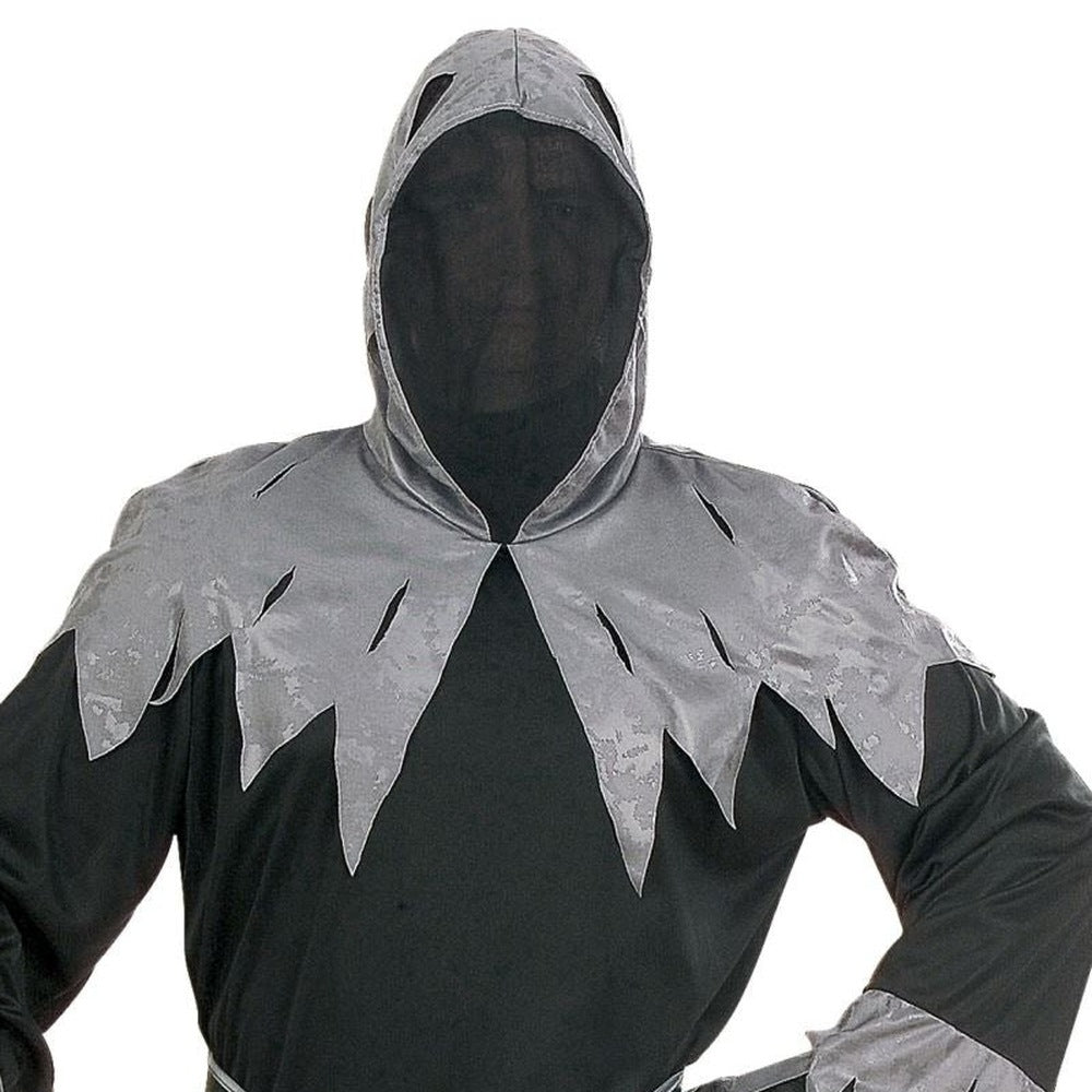 Man wearing black hooded robe with gray jagged-edge trim, mesh face mask | Chaps London