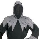Man wearing black hooded robe with gray jagged-edge trim, mesh face mask | Chaps London