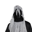 Person wearing black robe with gray tattered hooded rag mask costume | Chaps London
