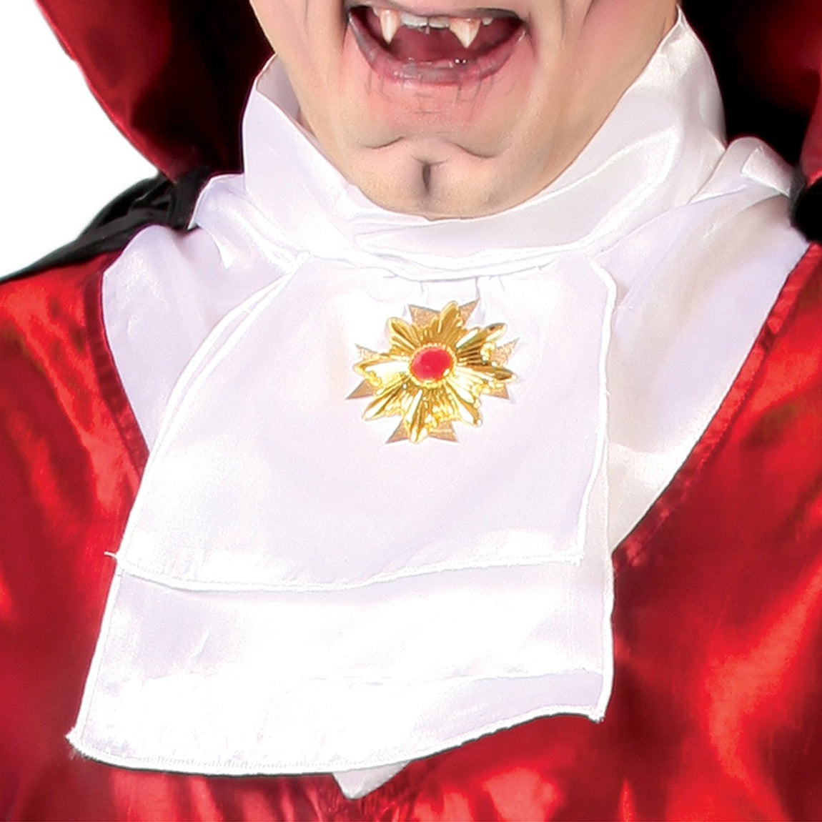 Vampire costume worn by person, white jabot with gold red brooch, red cape | Chaps London