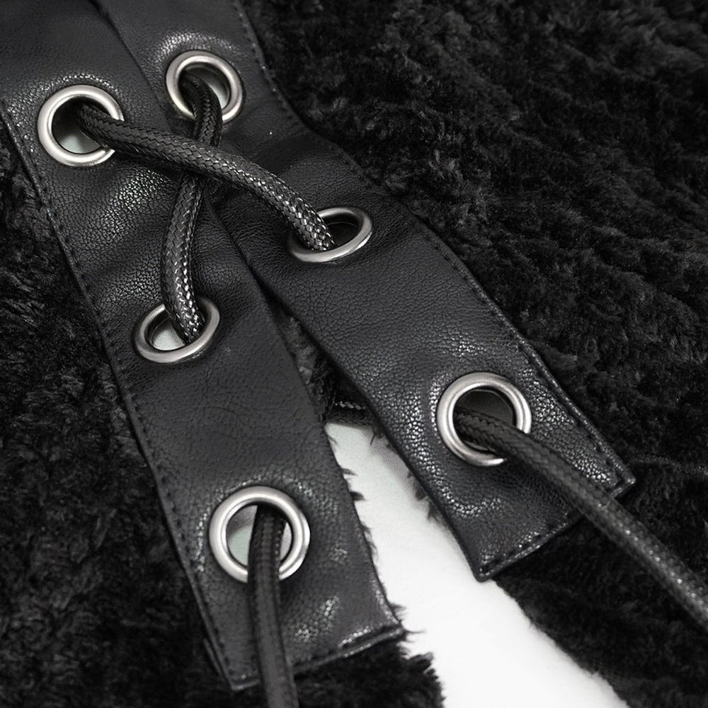 Black lace-up strap with grommets and cord, close-up detail shot | Chaps London