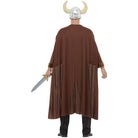 Man wearing brown Viking costume cape and horned helmet, holding sword, rear view | Chaps London
