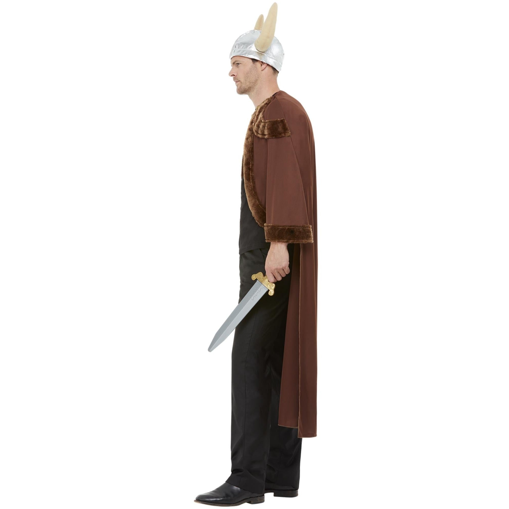 Man wearing brown cape, horned helmet, holding sword, side view | Chaps London