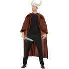 Man wearing brown Viking costume cape with horned helmet, holding toy sword | Chaps London