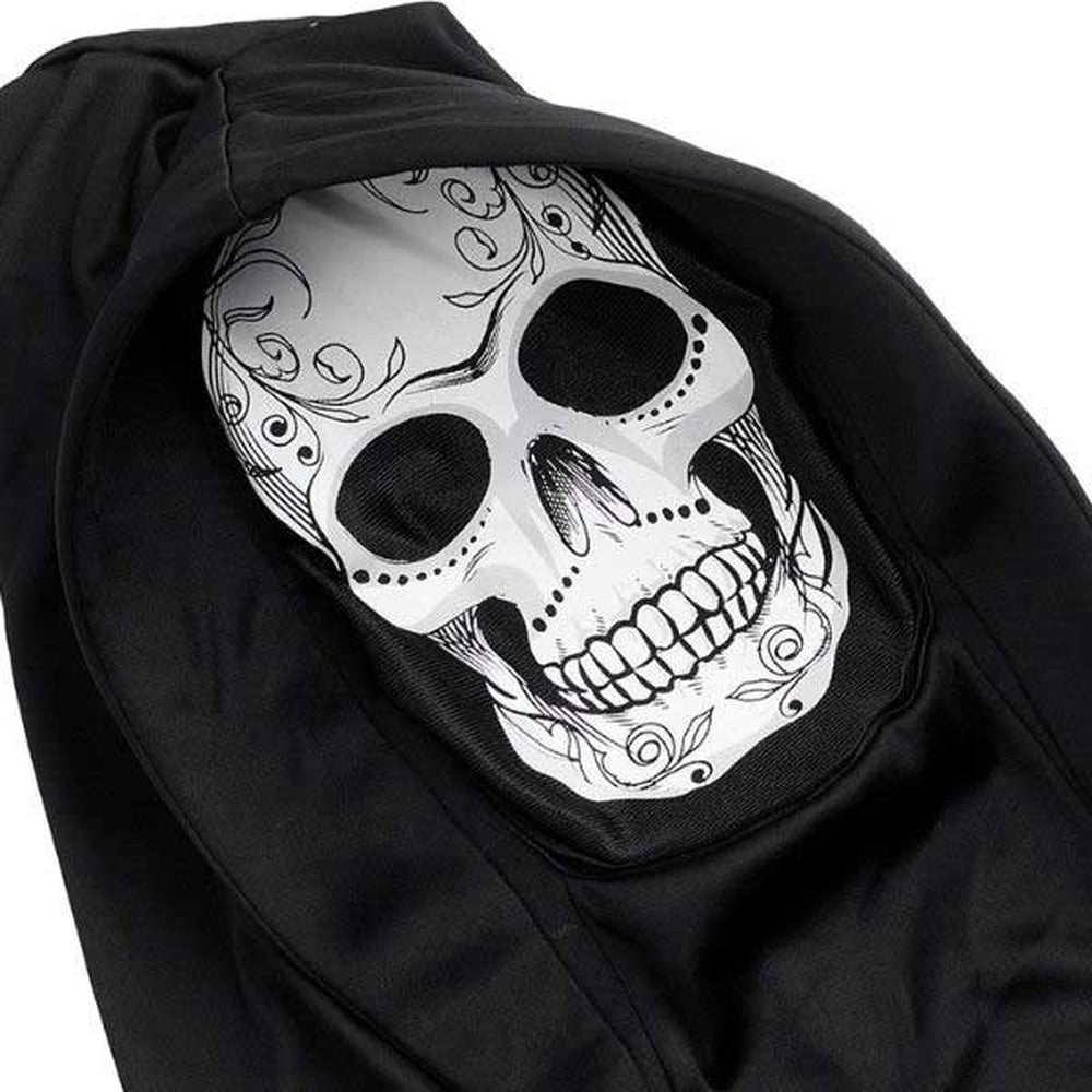 Black hooded robe with decorative skull mask design, shown flat | Chaps London
