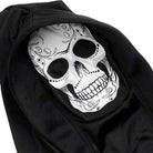 Black hooded robe with decorative skull mask design, shown flat | Chaps London
