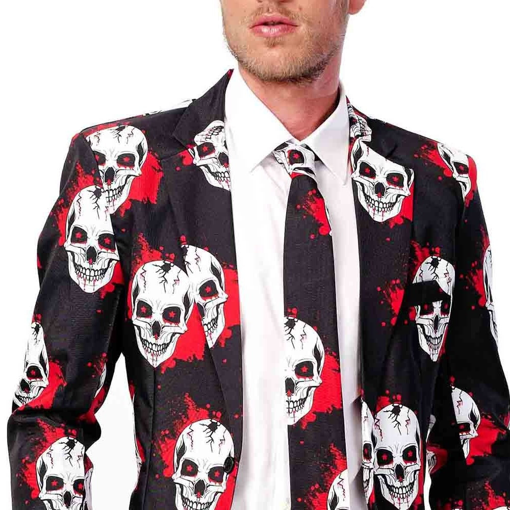 Man wearing black skull print blazer with red splatter pattern and tie | Chaps London