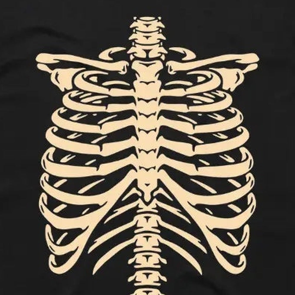 Black t-shirt with tan skeleton ribcage print, close-up fabric view | Chaps London