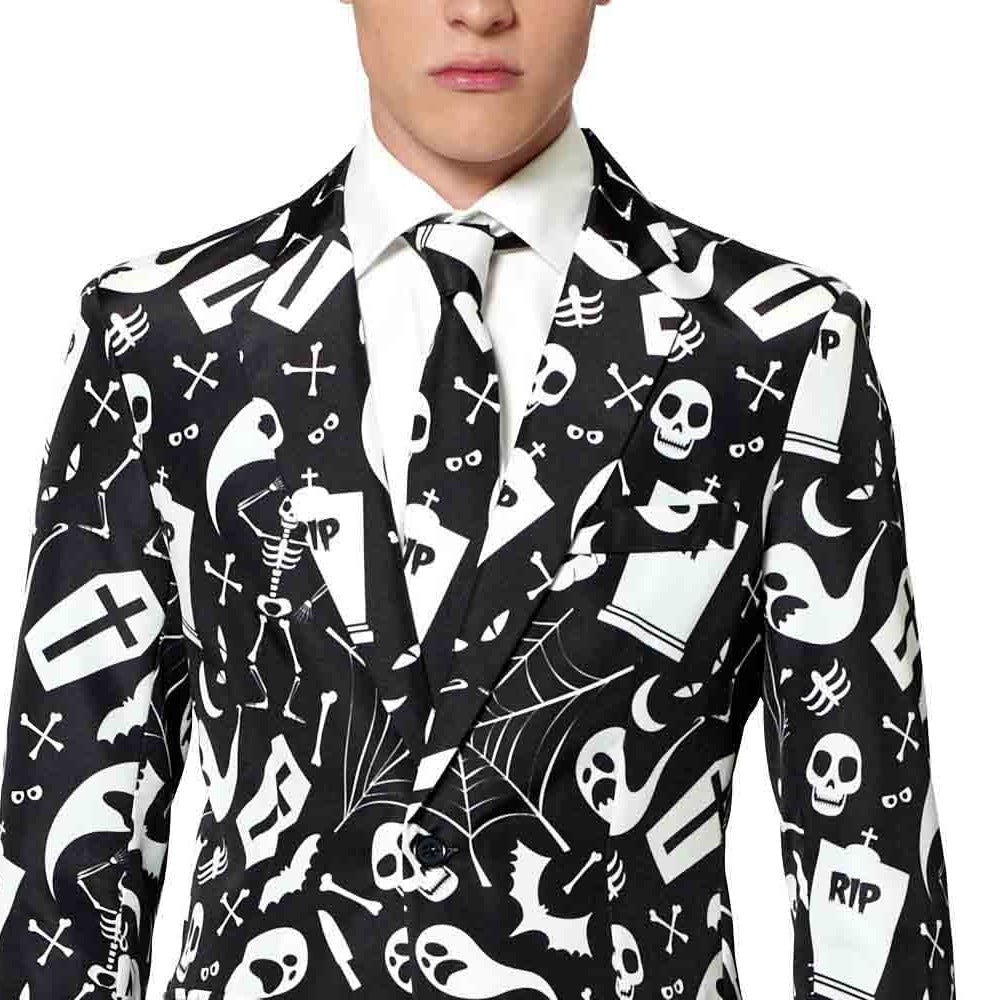 Man wearing black Halloween suit with white skeleton and ghost print | Chaps London