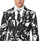 Man wearing black Halloween suit with white skeleton and ghost print | Chaps London