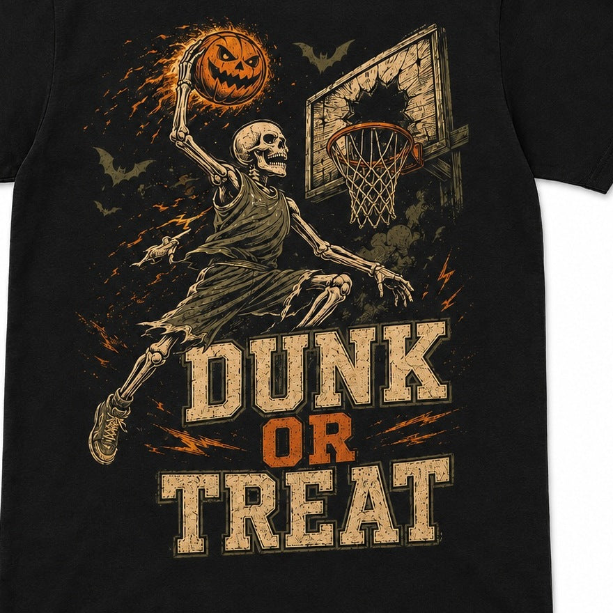 Black t-shirt with skeleton dunking basketball graphic and Halloween design, shown flat | Chaps London
