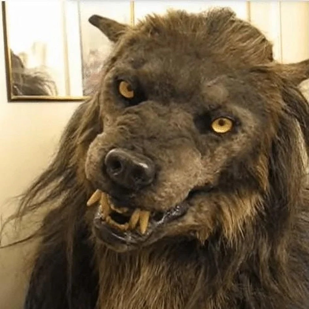 Brown werewolf mask with faux fur mane and fangs, worn by a person | Chaps London