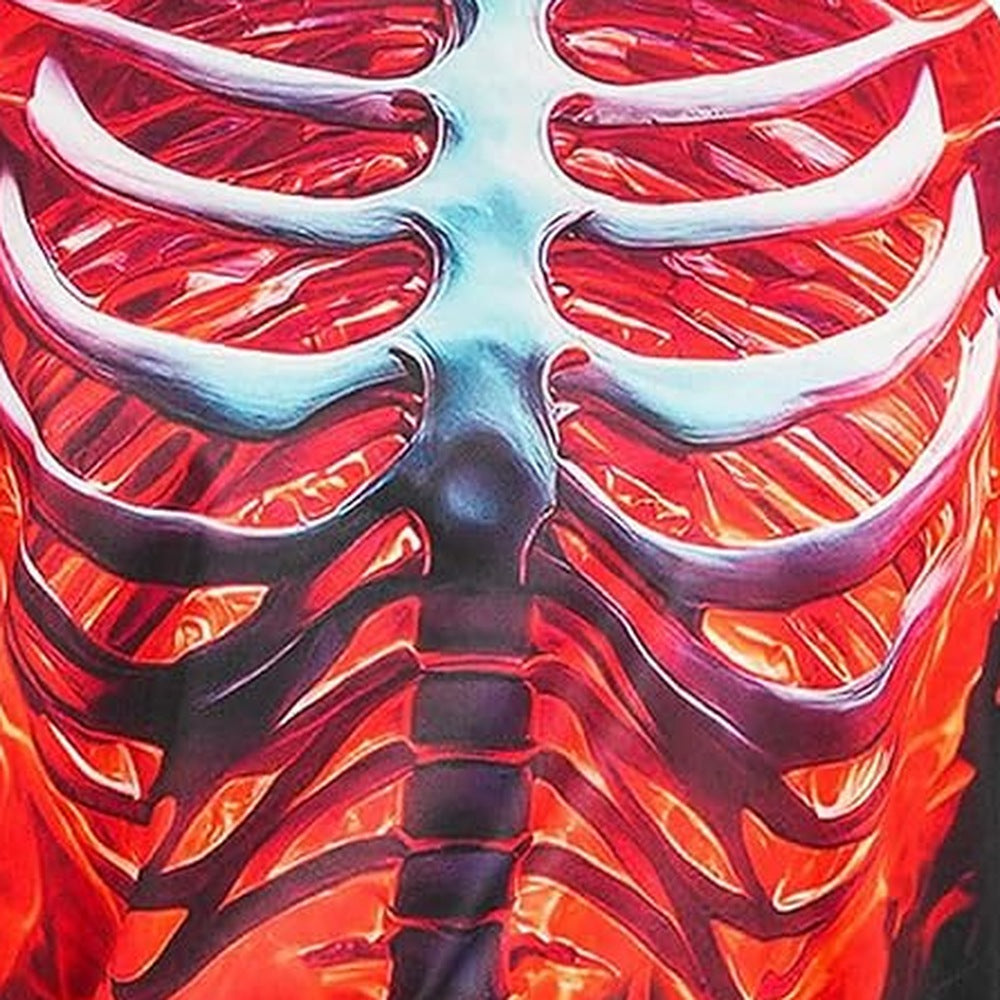 Close-up of red flame skeleton ribcage design printed on fabric garment | Chaps London