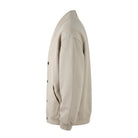 Beige textured button-front cardigan jacket shown on mannequin, side view | Chaps London