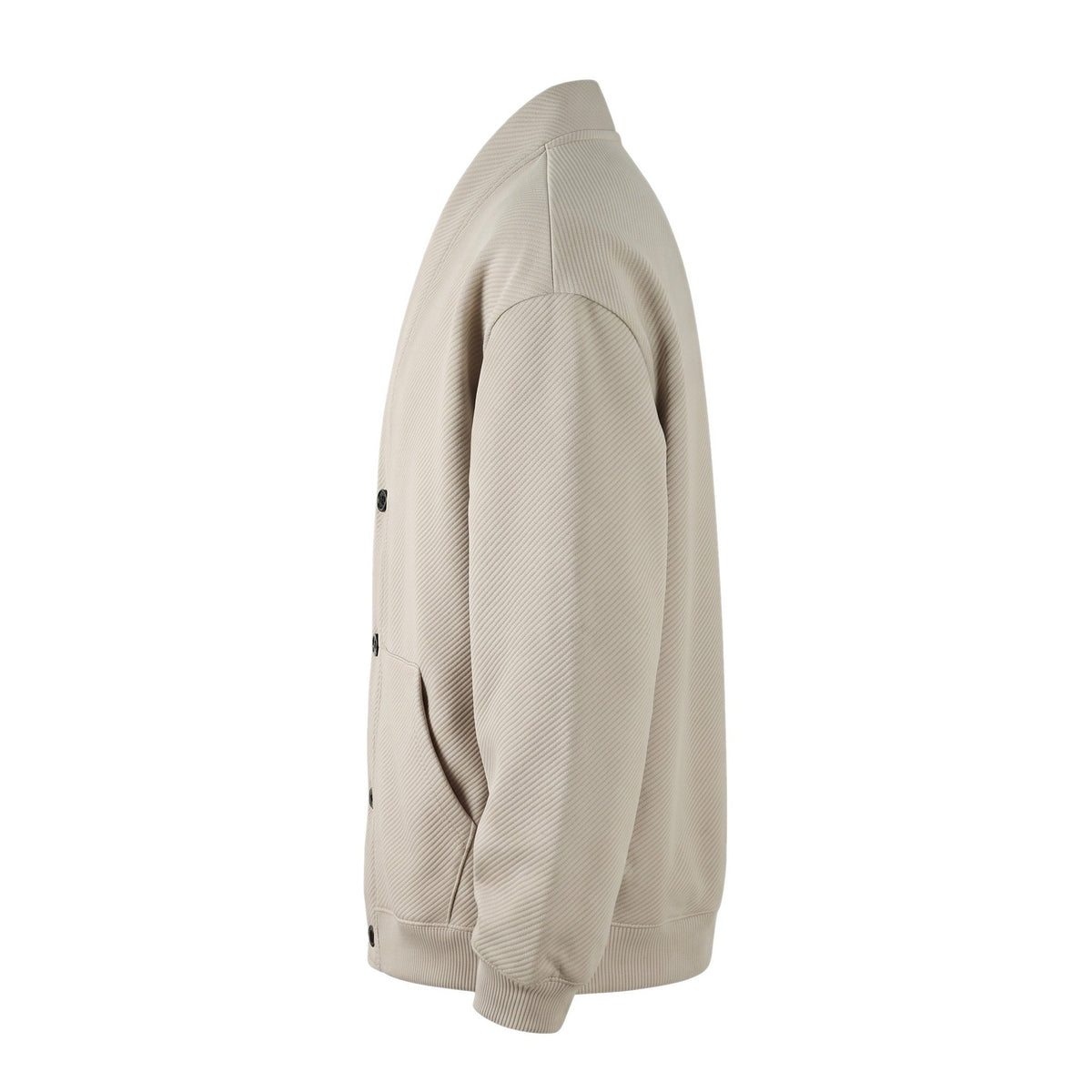 Beige textured button-front cardigan jacket shown on mannequin, side view | Chaps London