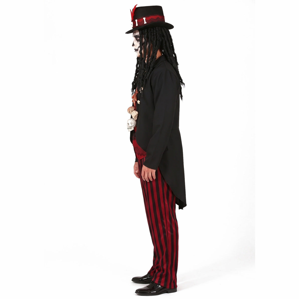 Man wearing black tailcoat, top hat, red striped trousers, side view | Chaps London