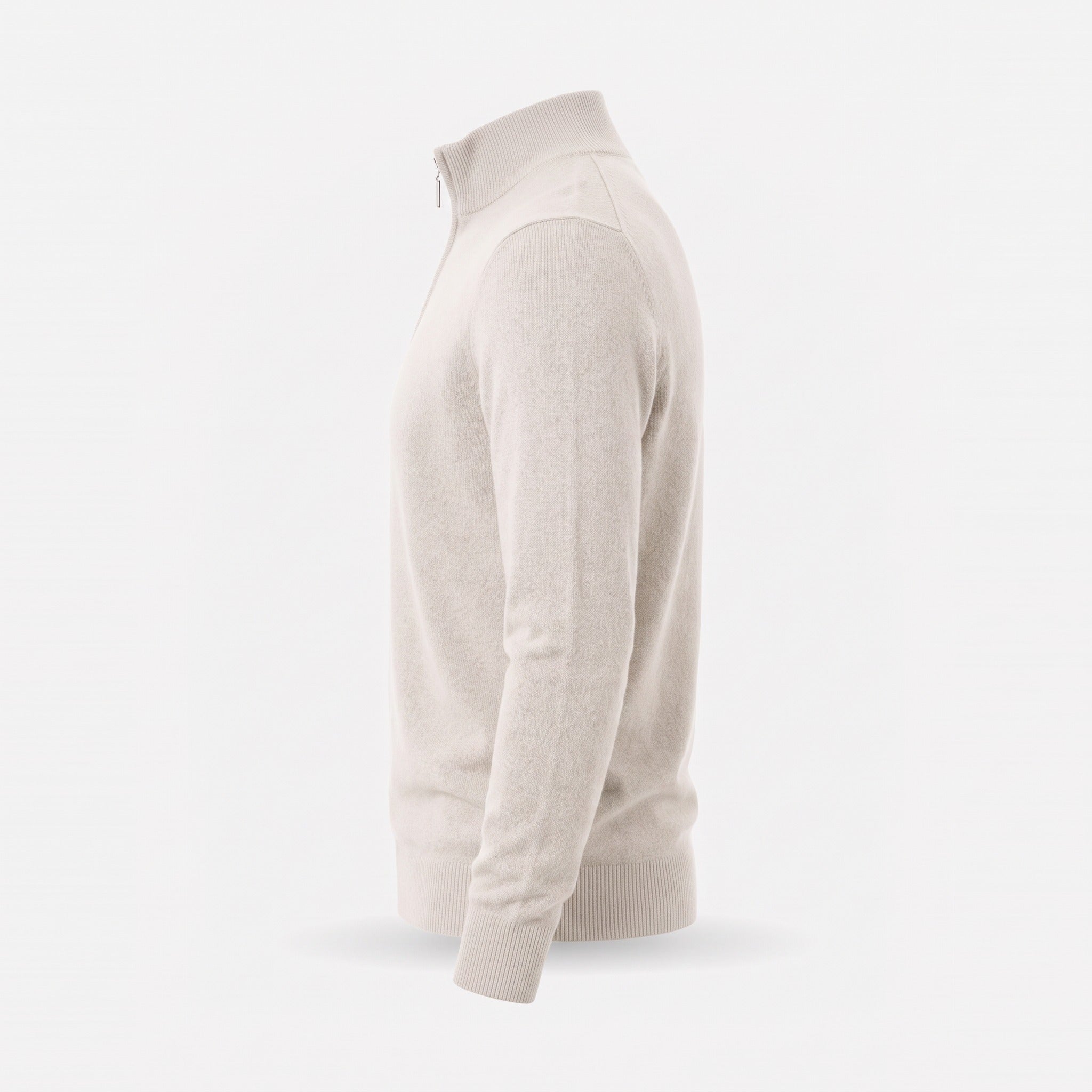 Beige quarter-zip sweater with stand collar, side view on mannequin | Chaps London