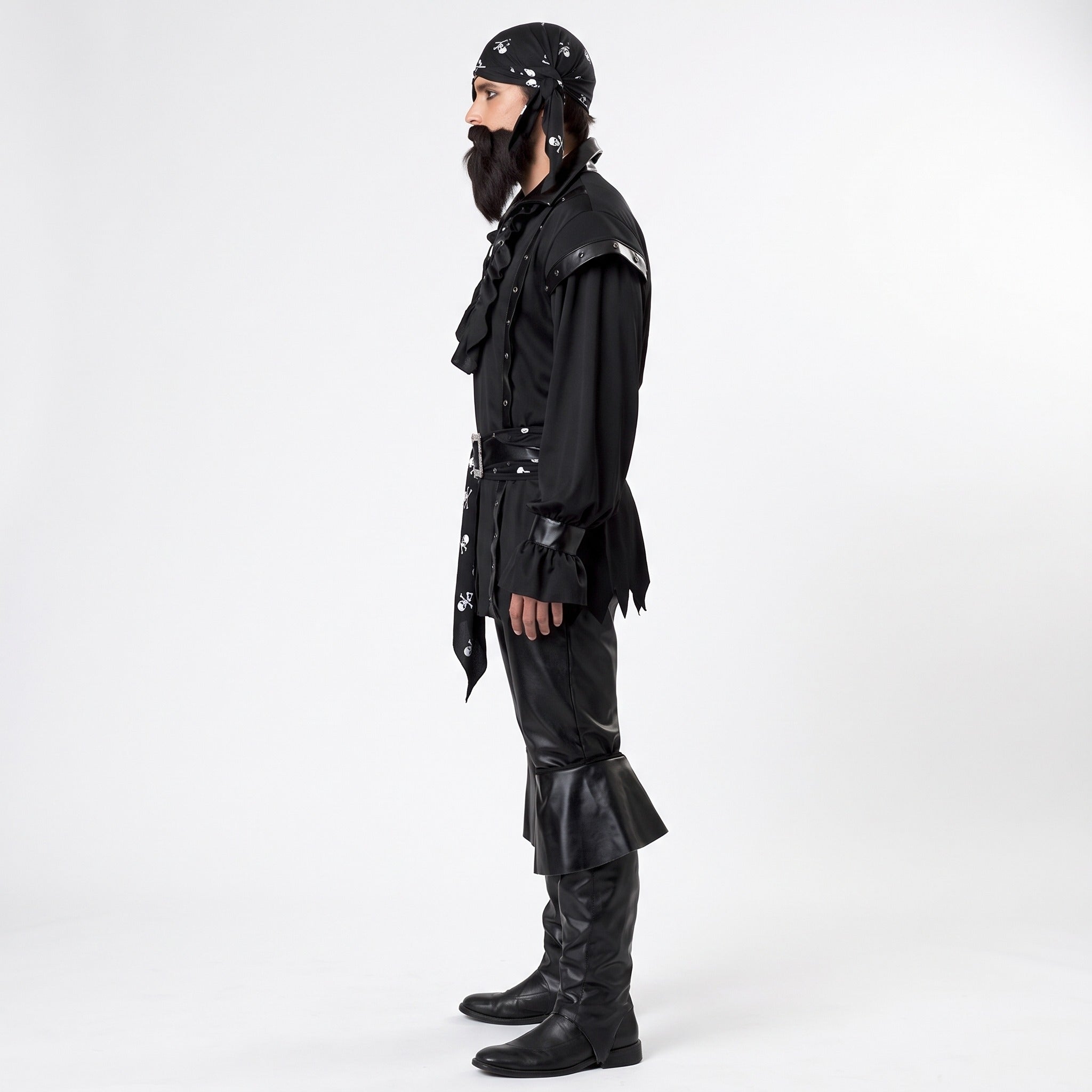 Man wearing black pirate costume with bandana, ruffle shirt, belt, and boots | Chaps London