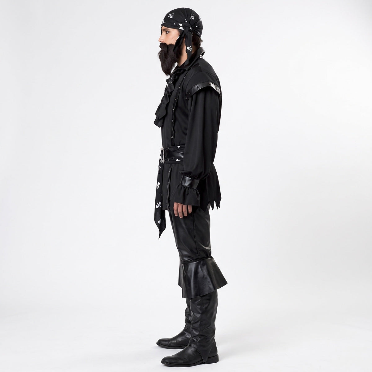 Man wearing black pirate costume with bandana, ruffle shirt, belt, and boots | Chaps London