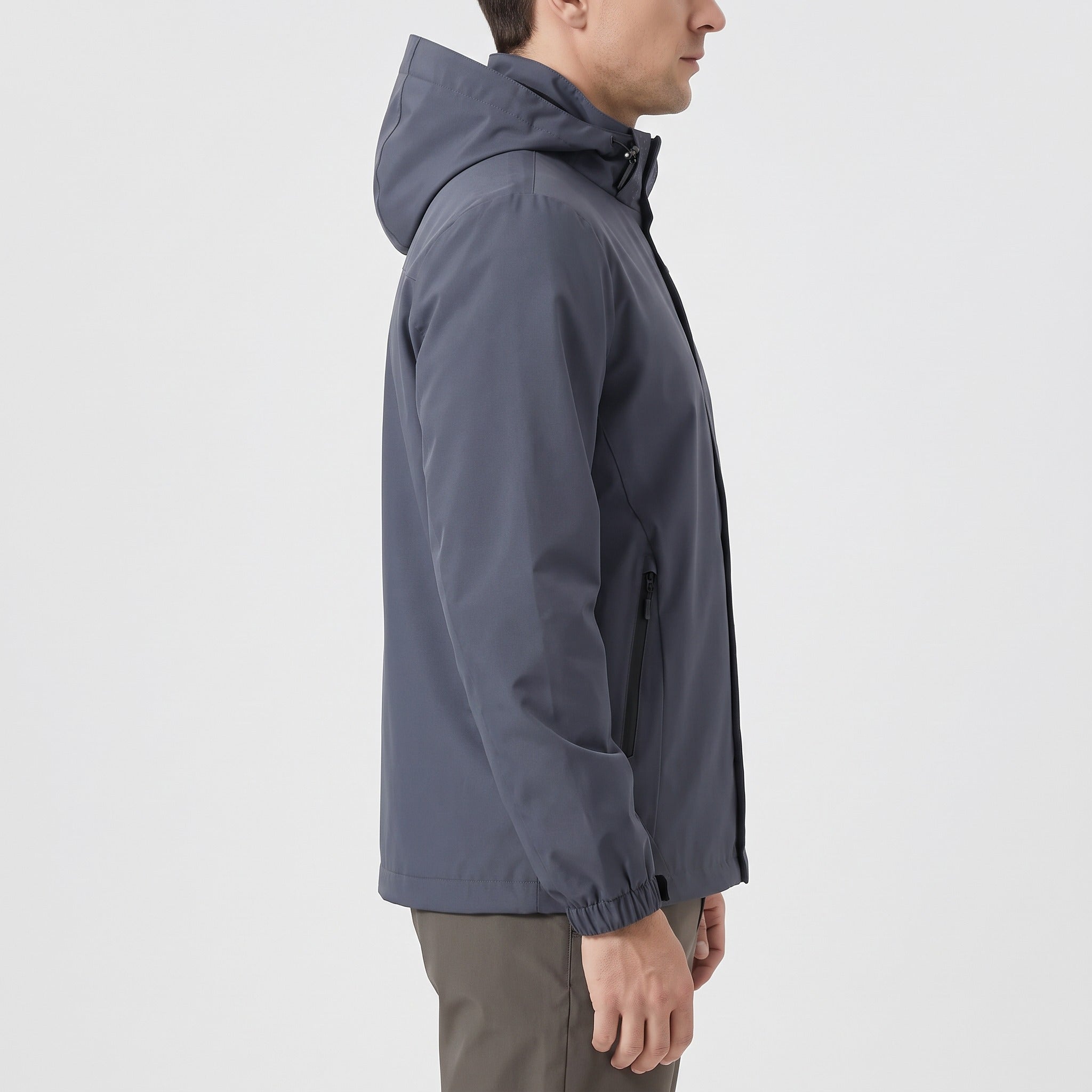 Man wearing gray hooded rain jacket, side view, zipped | Chaps London