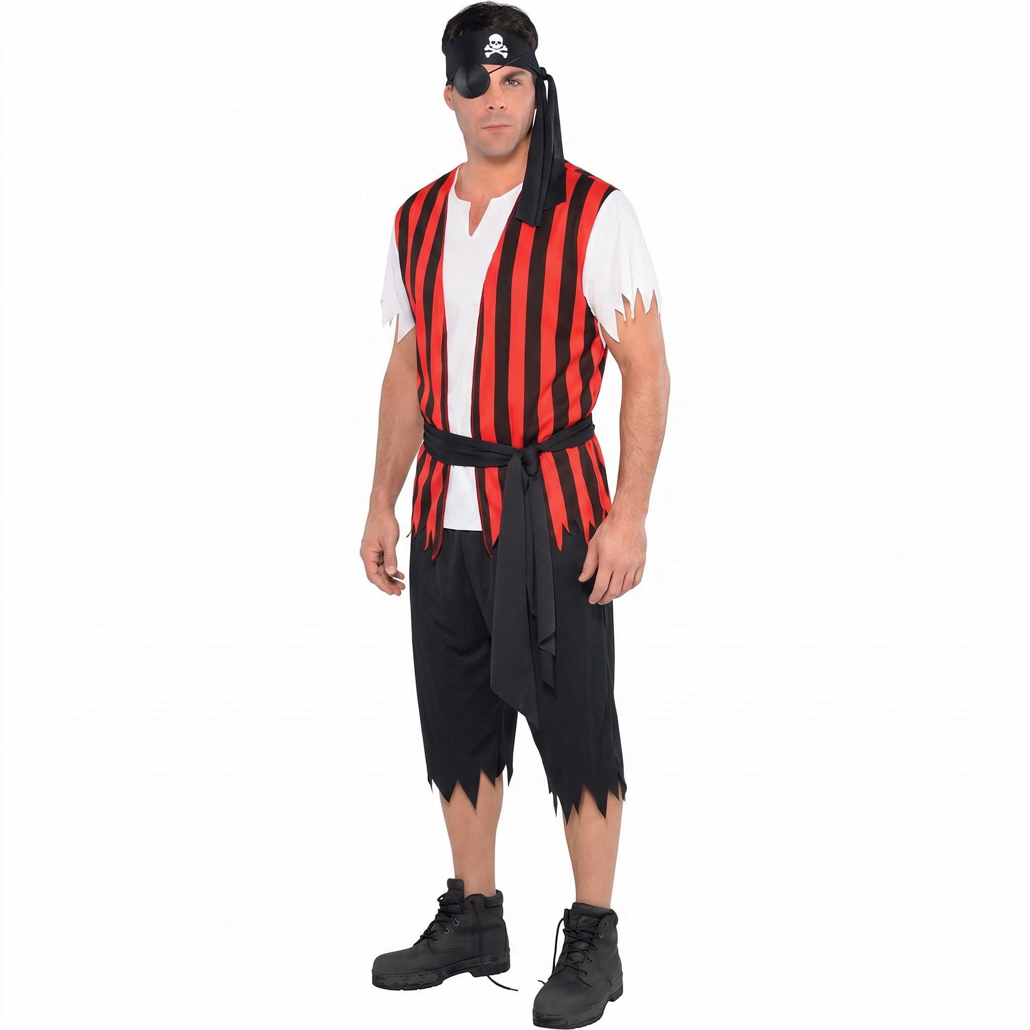 Man wearing red and black striped pirate vest with headscarf and shorts | Chaps London