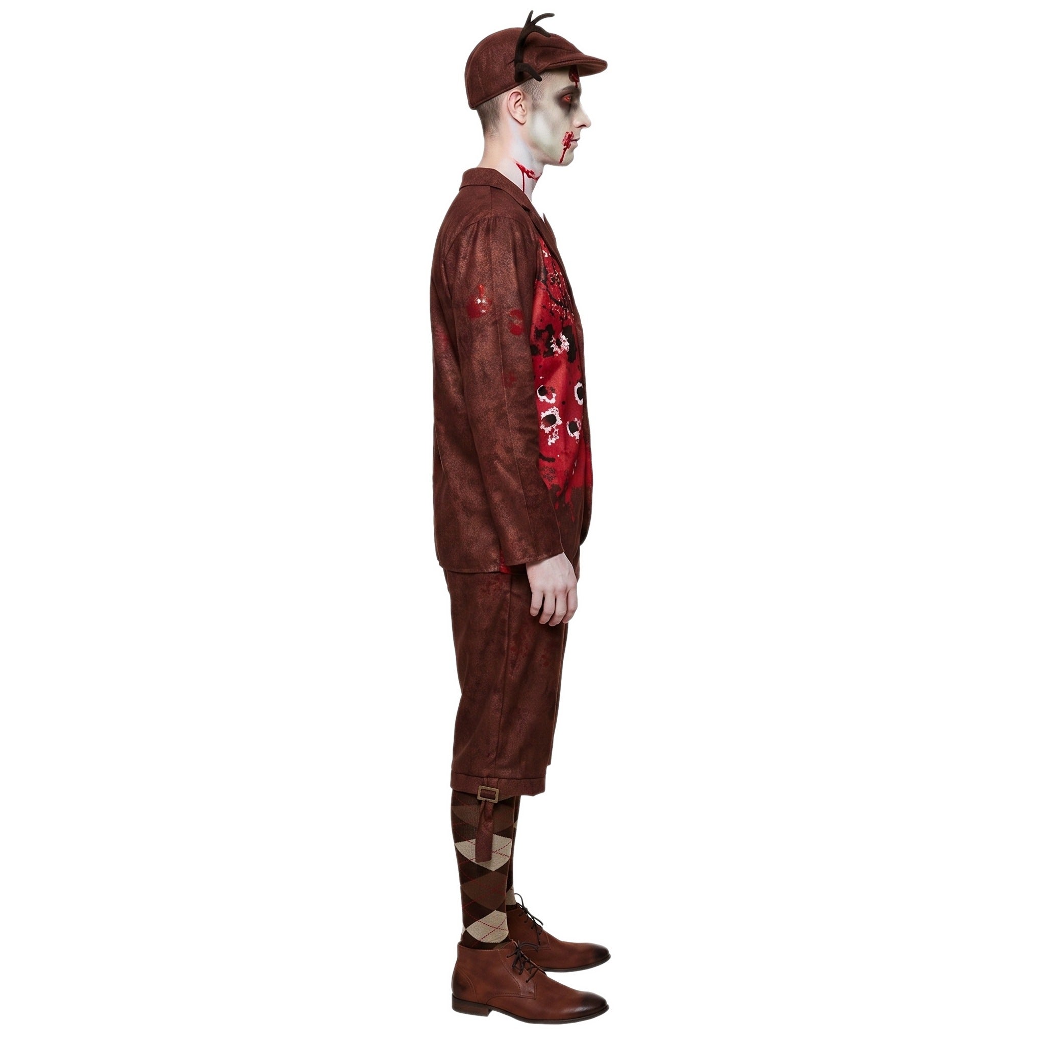 Man wearing brown zombie costume jacket, knickerbockers, and flat cap, side view | Chaps London