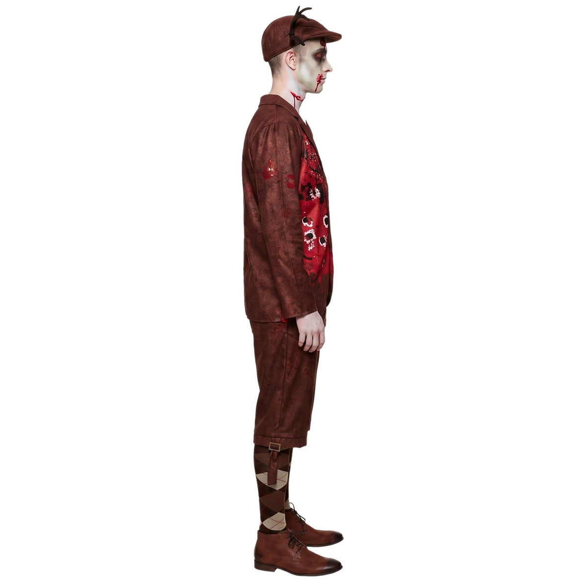 Man wearing brown zombie costume jacket, knickerbockers, and flat cap, side view | Chaps London