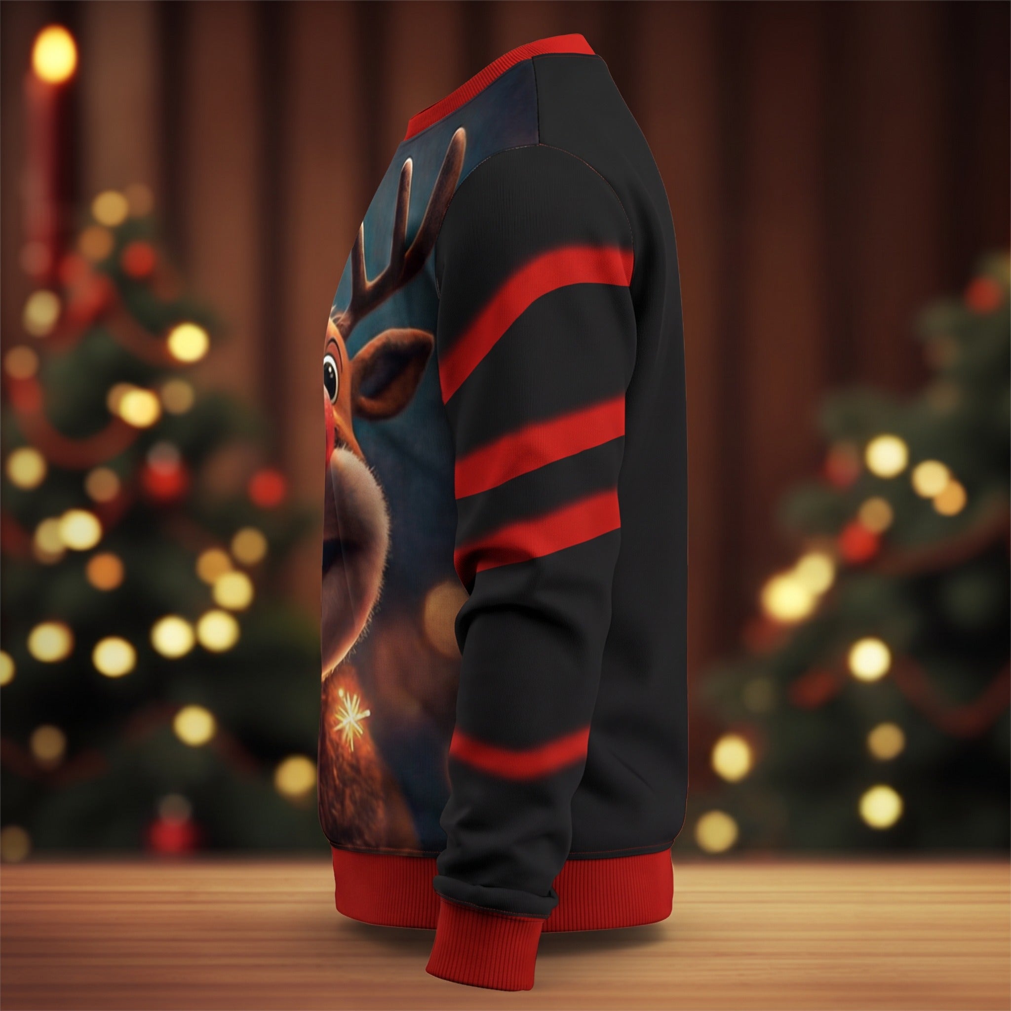 Black sweatshirt with reindeer graphic and red striped sleeve, shown on mannequin | Chaps London