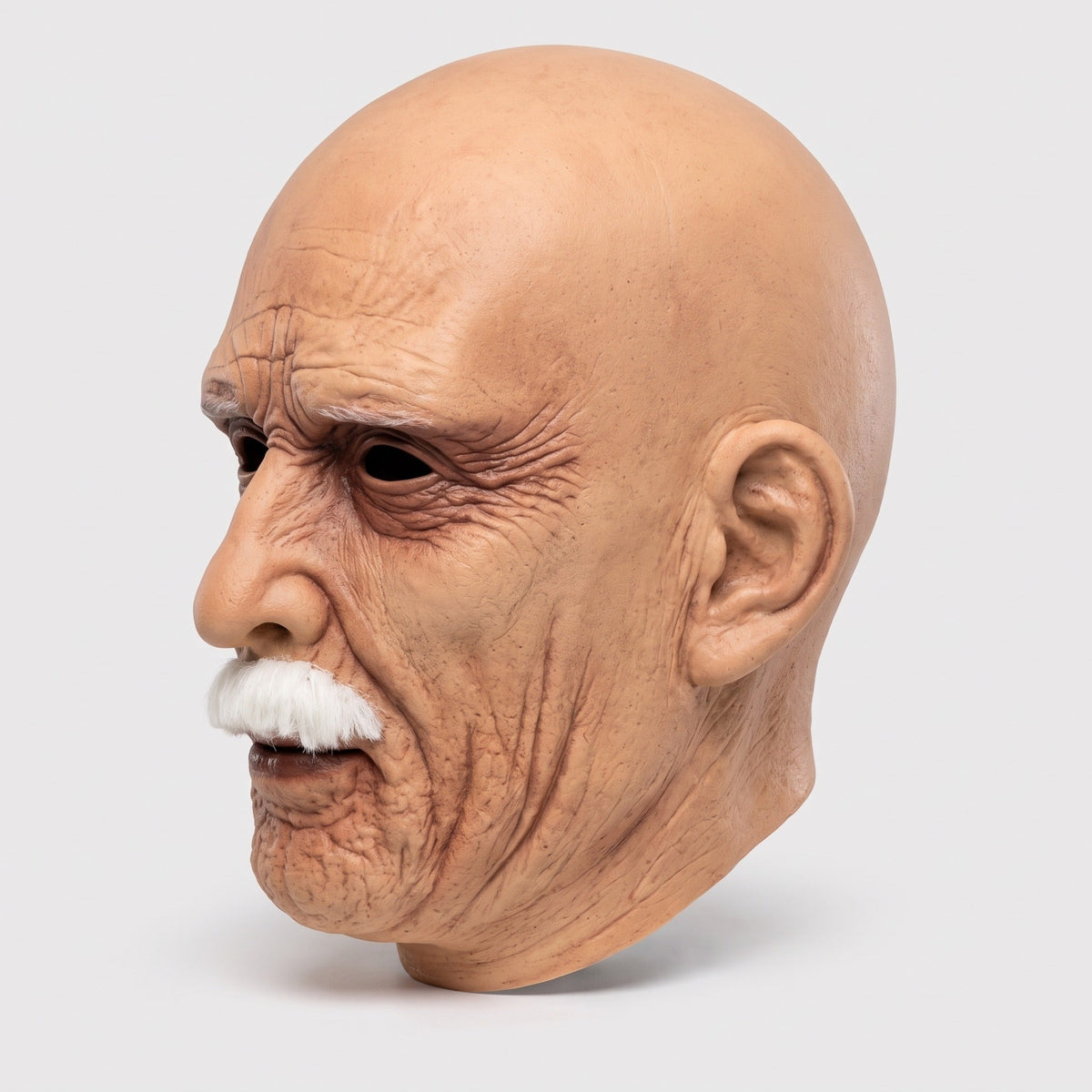 Bald old man mask with wrinkles and white moustache, displayed on mannequin head | Chaps London