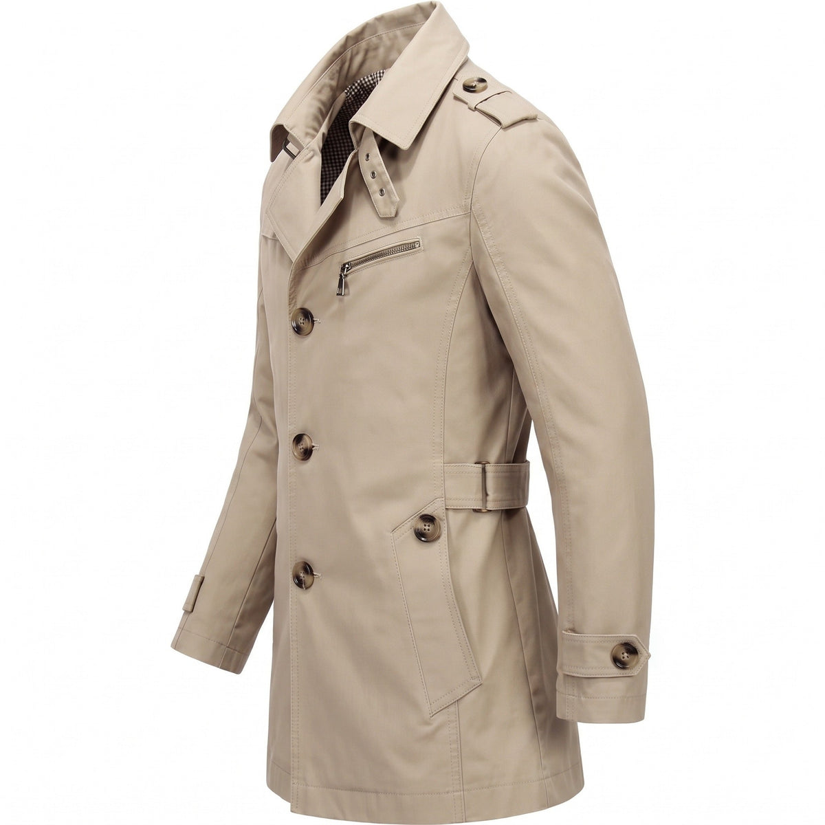 Beige single-breasted trench coat with epaulettes, side view on mannequin | Chaps London