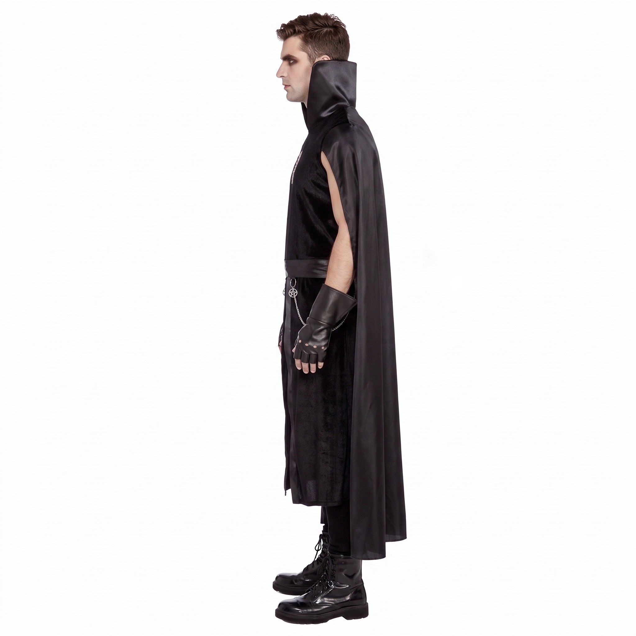 Man wearing black high-collar cape, gloves, and boots, side view | Chaps London