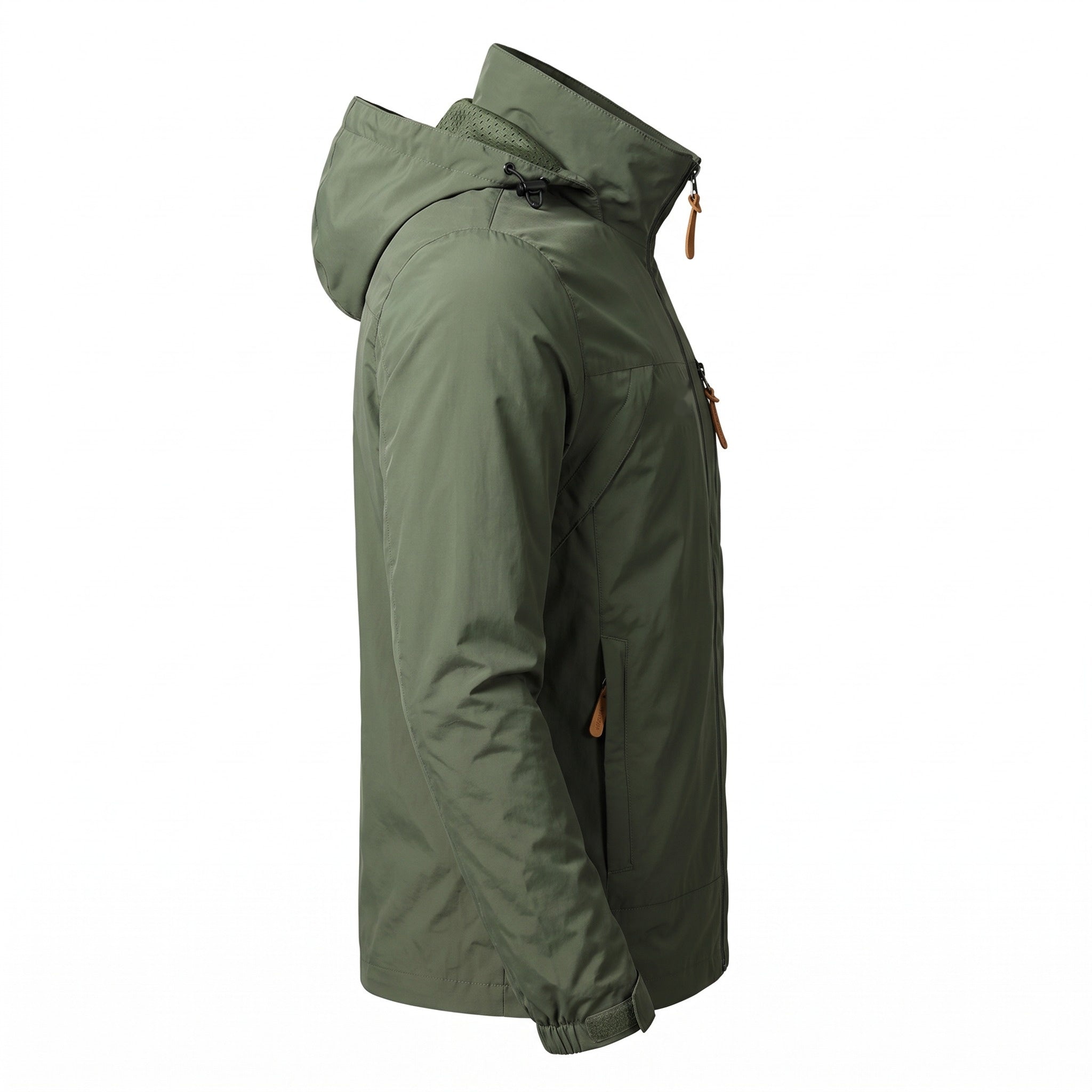Olive green hooded jacket with zip pockets, shown on mannequin torso | Chaps London