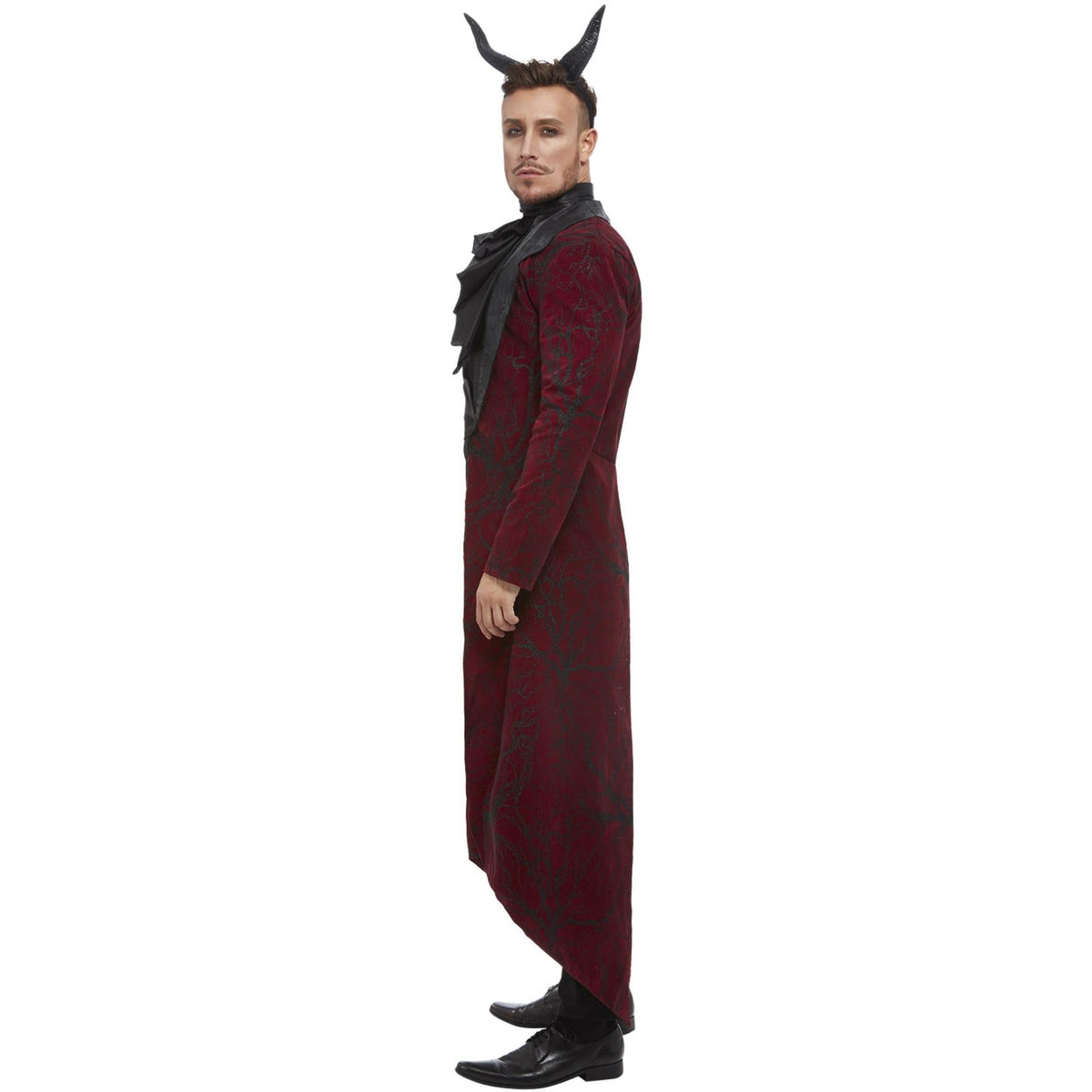 Man wearing burgundy devil tailcoat with black cravat and horn headband | Chaps London