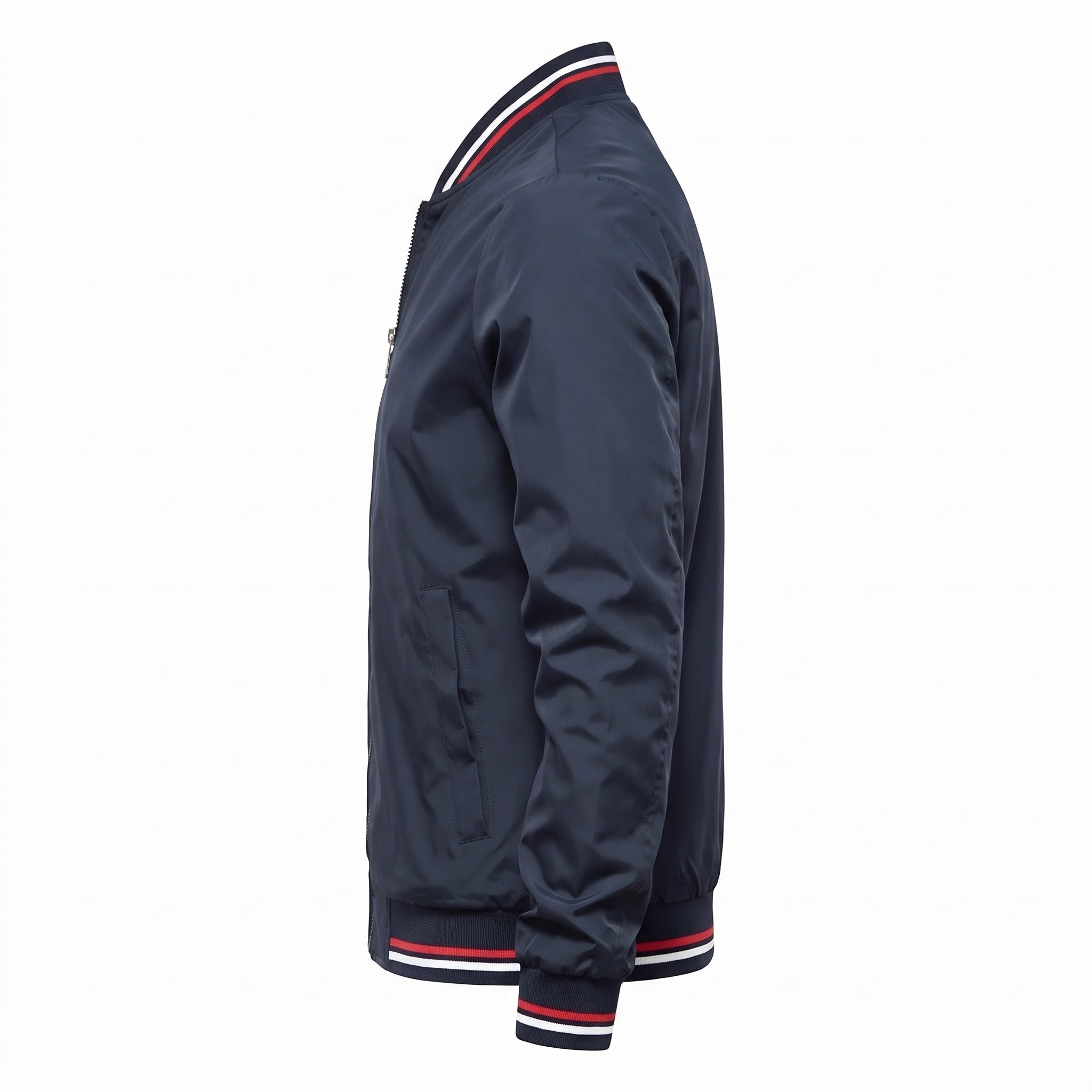Navy bomber jacket with striped rib trim, side view on mannequin | Chaps London