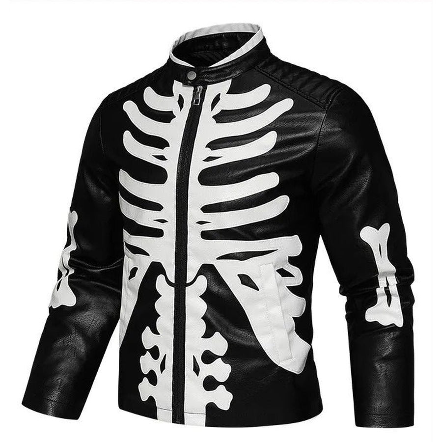 Black moto jacket with white skeleton rib cage print, worn by a man | Chaps London
