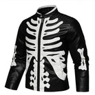 Black moto jacket with white skeleton rib cage print, worn by a man | Chaps London