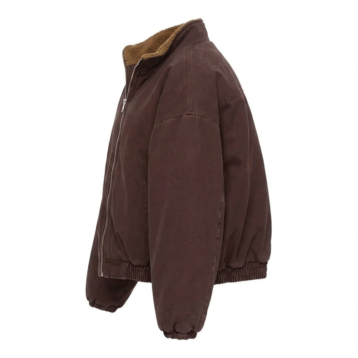 Brown sherpa lined jacket with stand collar, side view on mannequin | Chaps London