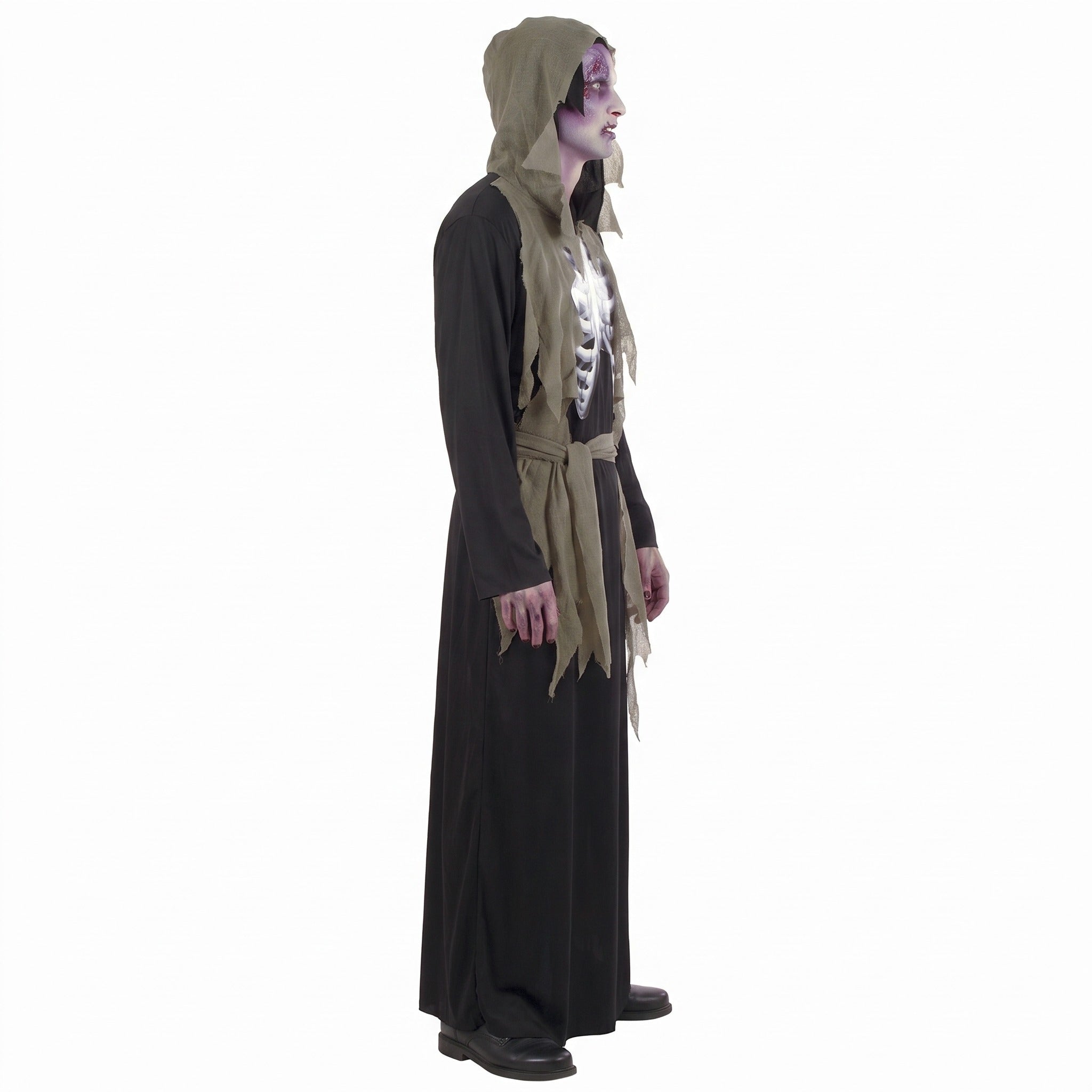 Zombie hooded robe with holographic ribcage worn by man, side view | Chaps London