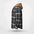 Gray plaid hooded shirt jacket with tan hood, side profile view | Chaps London