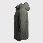 Olive green hooded rain jacket with zip pockets, side view on mannequin | Chaps London