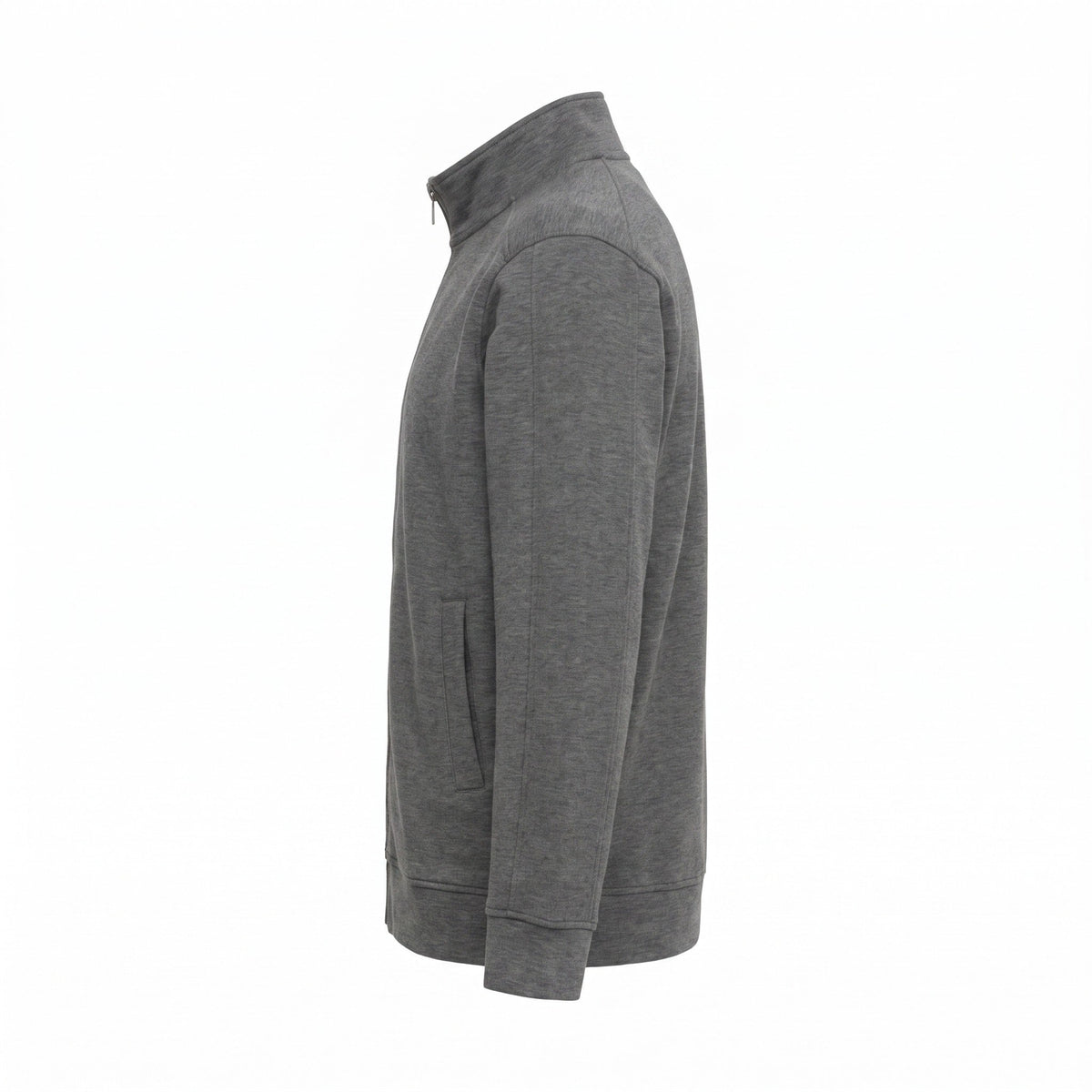 Gray heathered zip jacket with stand collar, side view on mannequin | Chaps London