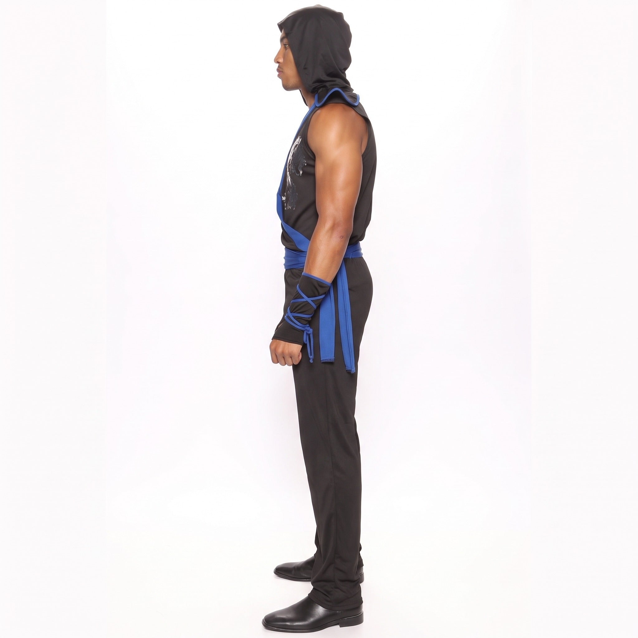 Man wearing black hooded ninja tunic with blue sash, side view | Chaps London