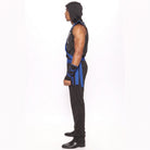 Man wearing black hooded ninja tunic with blue sash, side view | Chaps London