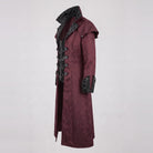 Burgundy jacquard long coat with black high collar, shown on mannequin | Chaps London