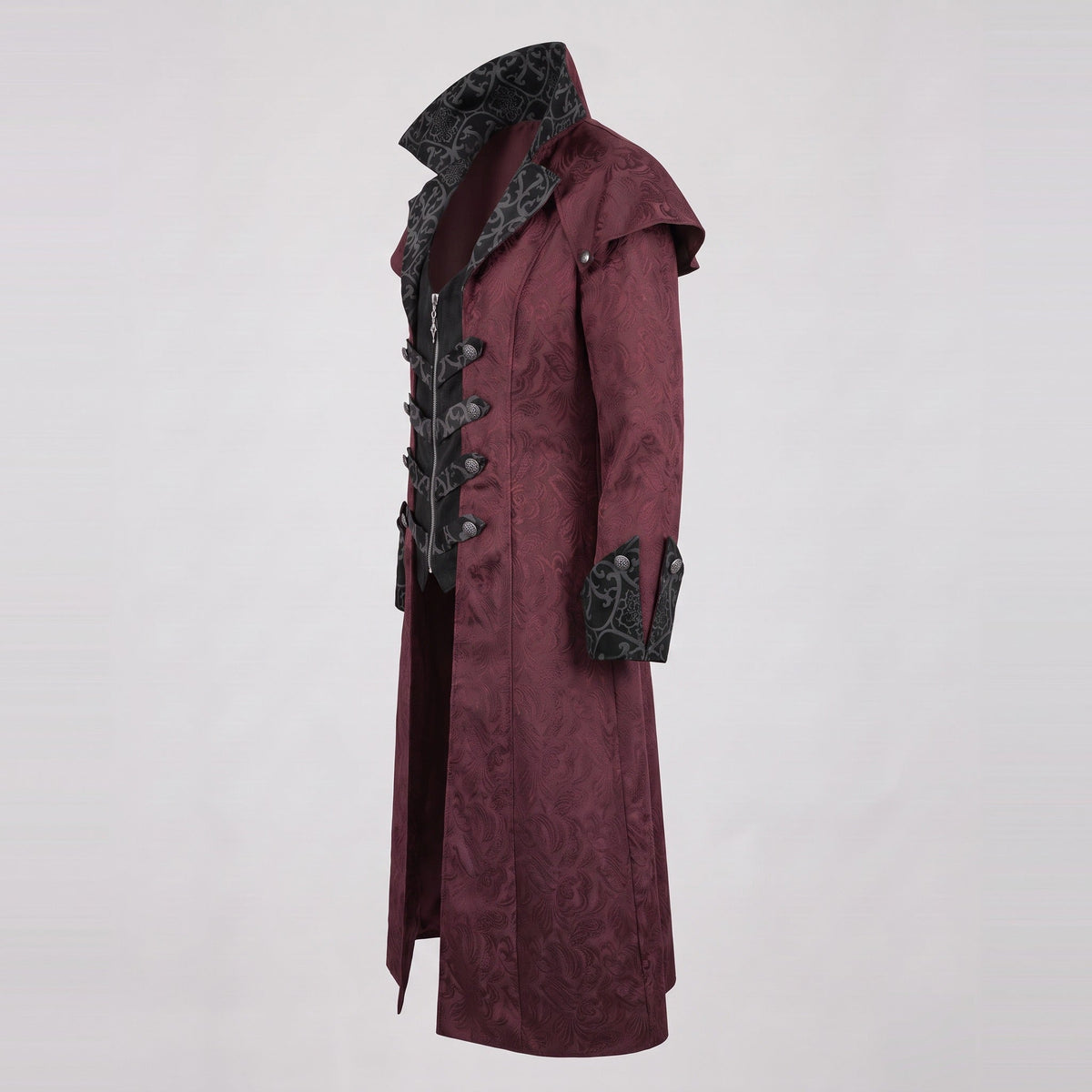 Burgundy jacquard long coat with black high collar, shown on mannequin | Chaps London