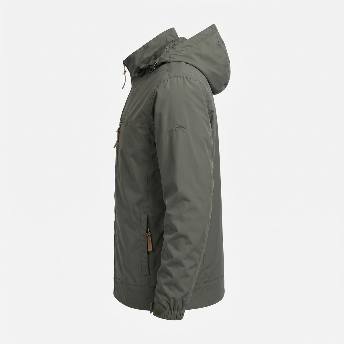 Olive green hooded windbreaker jacket shown in profile on mannequin | Chaps London