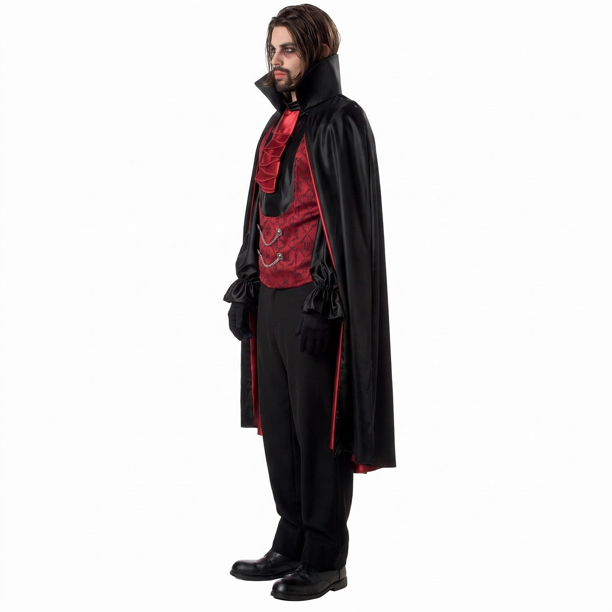 Man wearing black cape, red waistcoat and black trousers, Dracula costume | Chaps London