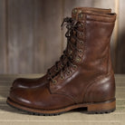 Brown lace-up boot with brass eyelets shown standing alone | Chaps London