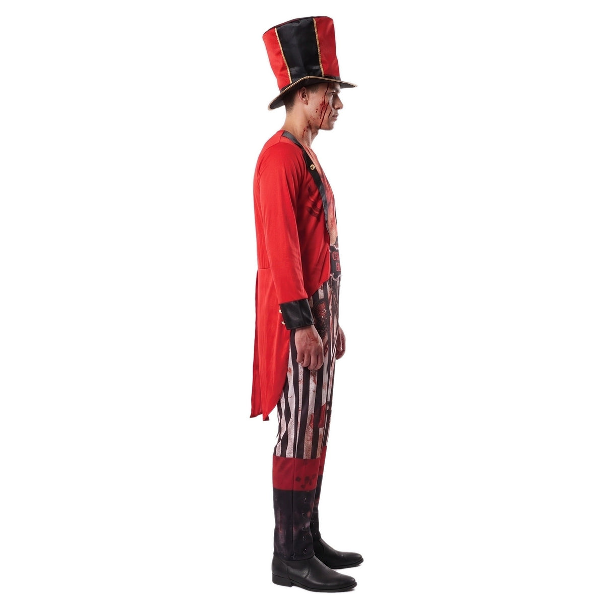 Man wearing red zombie ringmaster costume with black and red top hat | Chaps London