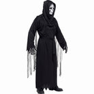 Black hooded Grim Reaper costume with skull mask, worn by a person | Chaps London